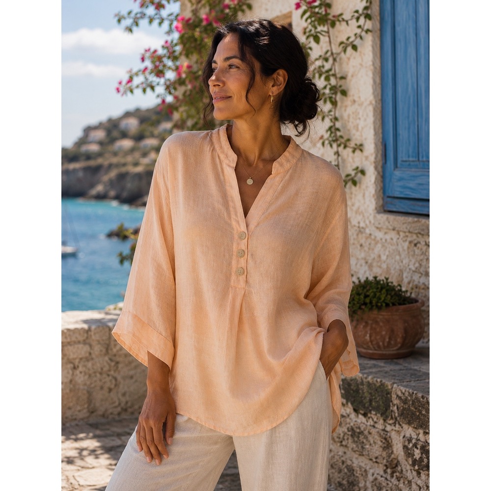 XCVI Womens Peach 100% Linen Button V-Neck High-Low Tunic‎ Blouse 13757 Medium